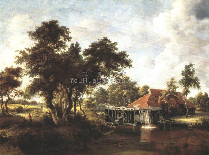 Wooded Landscape with Water Mill - 梅恩德特·霍贝玛